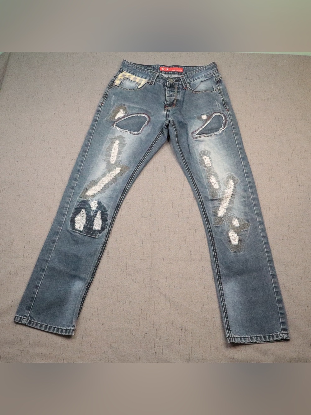 Distressed Patchwork Jeans Size 29x30 Grunge Blue Denim Straight Leg Retro Y2K